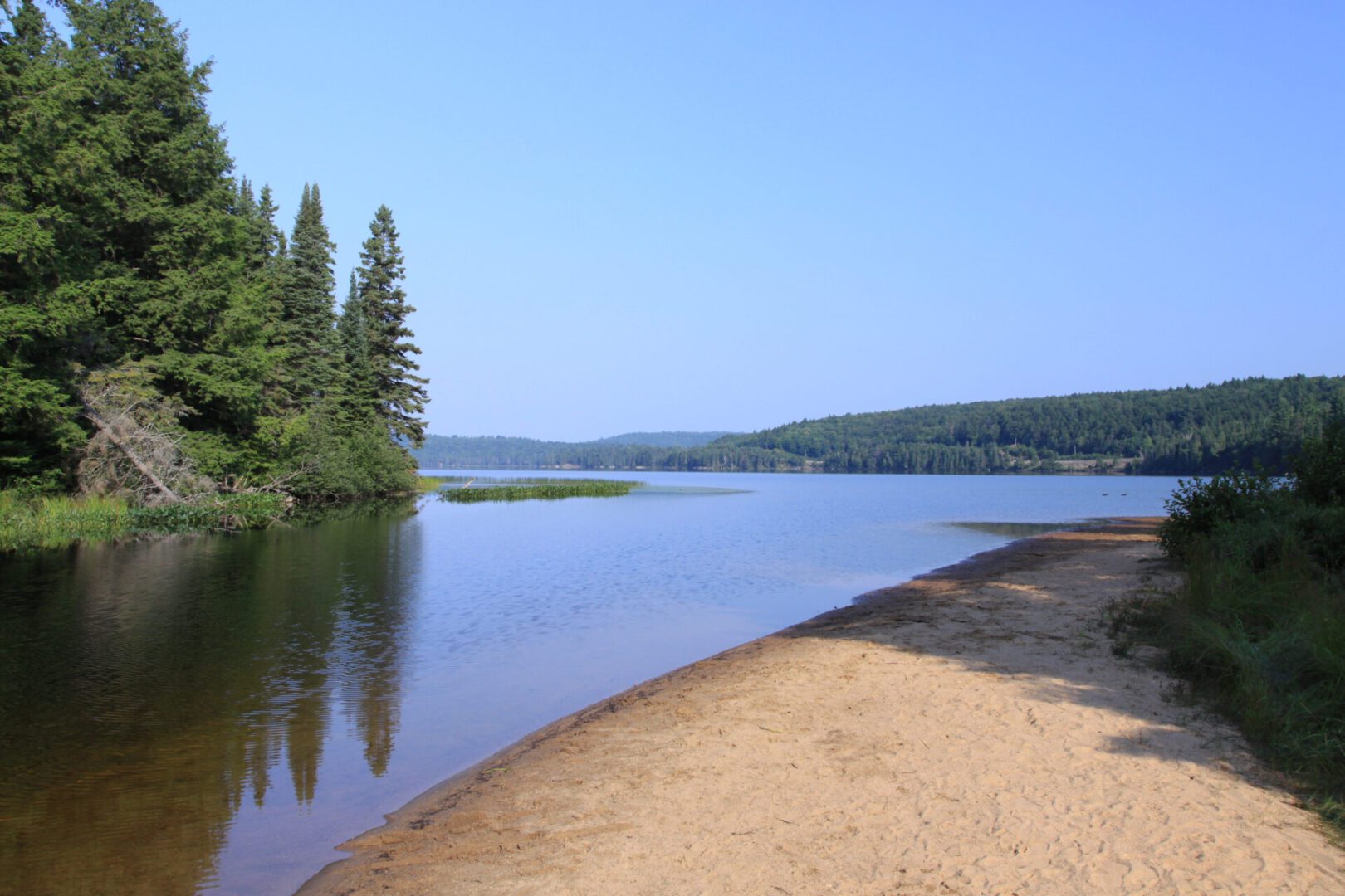 Lake view with trees and sandy beach.