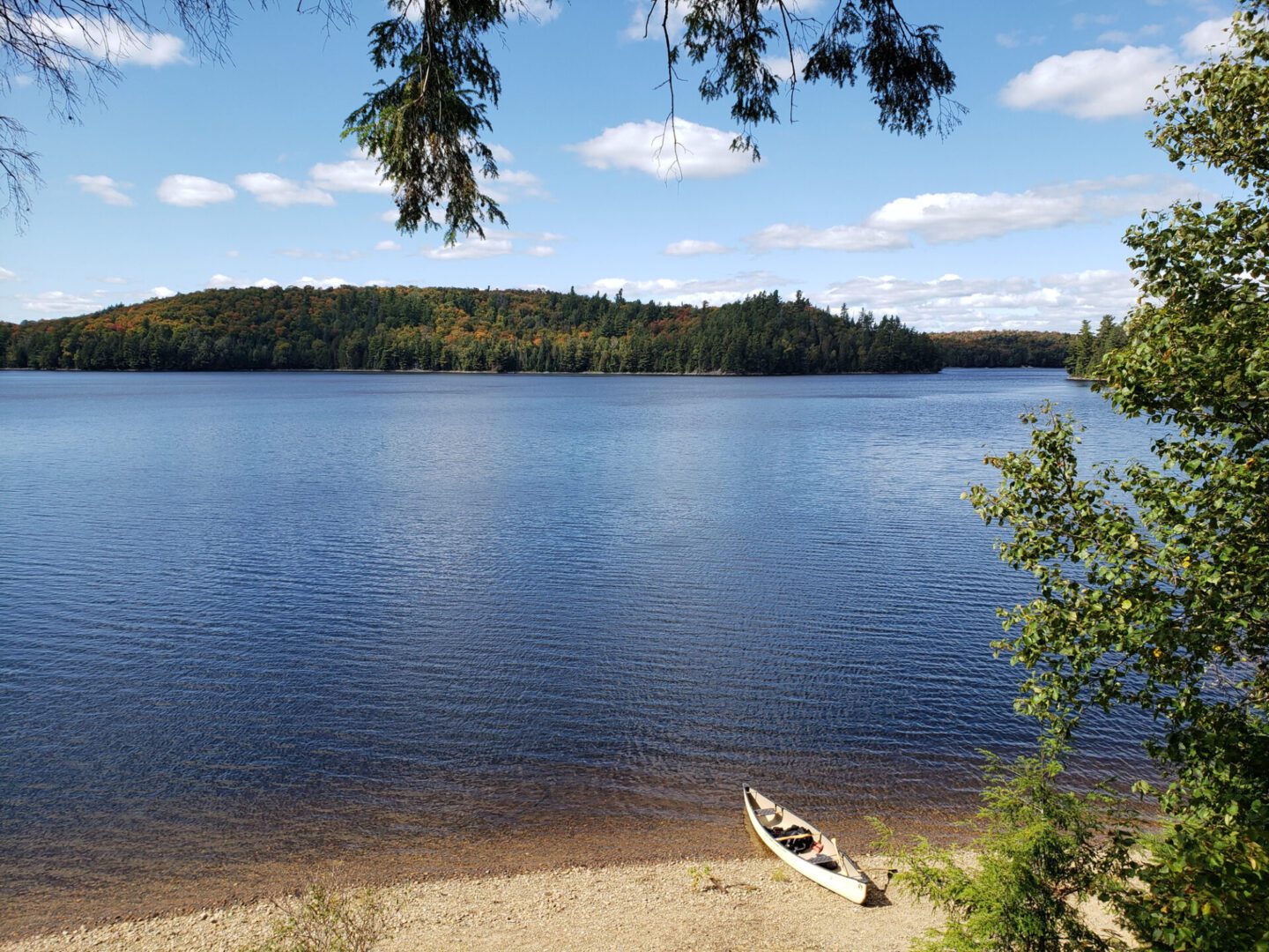 Canoe on tranquil lake with forested background.