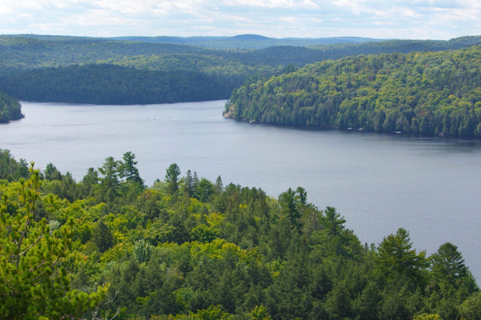 Lake surrounded by lush, green forested hills.